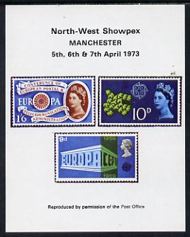 Exhibition souvenir sheet for 1973 North West Showpex showing  Great Britain Europa stamps unmounted mint, stamps on europa       cinderella     stamp exhibitions