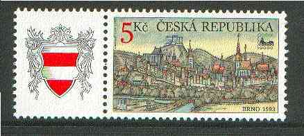 Czech Republic 2000 BRNO 2000 Stamp Exhibition 5k stamp with label (Arms) unmounted mint, stamps on stamp exhibitions, stamps on churches, stamps on arms, stamps on heraldry