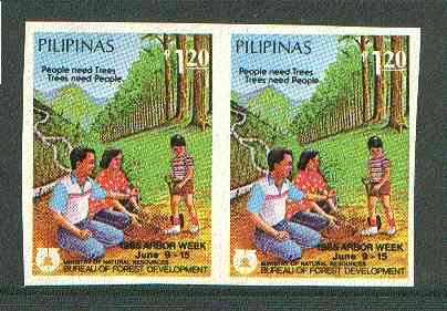 Philippines 1985 Tree Week 1p20 imperf pair on gummed wmk'd paper (from the single imperf archive sheet) as SG 1924, stamps on trees