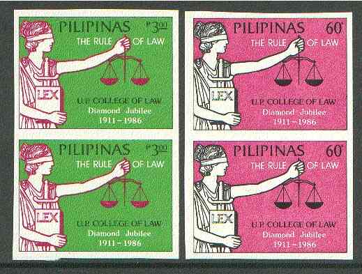 Philippines 1986 College of Law set of 2 in imperf pairs on gummed wmkd paper (from the single imperf archive sheets) as SG 1942-43, stamps on legal, stamps on law, stamps on  law , stamps on 