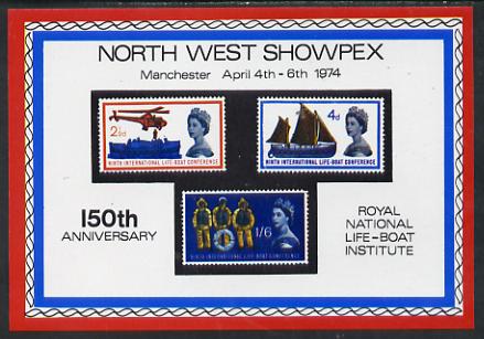 Exhibition souvenir sheet for 1974 North West Showpex showing Great Britain Lifeboat set of 3 unmounted mint, stamps on ships, stamps on stamp exhibitions      cinderella   rescue