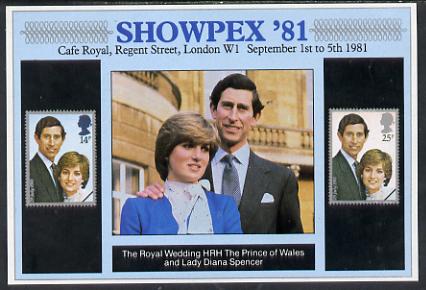 Exhibition souvenir sheet for 1981 Showpex showing  Great Britain Royal Wedding pair unmounted mint, stamps on royalty     stamp exhibitions      cinderella    royalty, stamps on diana, stamps on charles, stamps on 