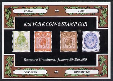 Exhibition souvenir sheet for 1979 10th York Coin & Stamp Fair showing  Great Britain PUC low values unmounted mint, stamps on royalty      cinderella, stamps on stamp exhibitions