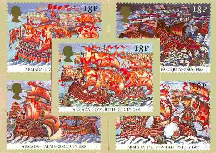 Great Britain 1988 Spanish Armada 400th Anniversary set of 5 PHQ cards unused and pristine, stamps on ships, stamps on history, stamps on drake