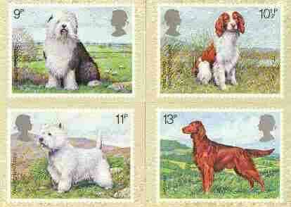Great Britain 1979 Dogs set of 4 PHQ cards unused and pristine, stamps on animals, stamps on dogs, stamps on sheepdog, stamps on setter, stamps on west highland terrier, stamps on springer spaniel