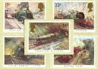 Great Britain 1985 Famous Trains set of 5 PHQ cards unused and pristine, stamps on railways