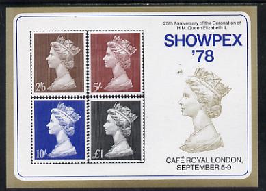 Exhibition souvenir sheet for 1978 Showpex showing  Great Britain Machin high values set of 4 unmounted mint, stamps on stamp exhibitions, stamps on royalty      cinderella
