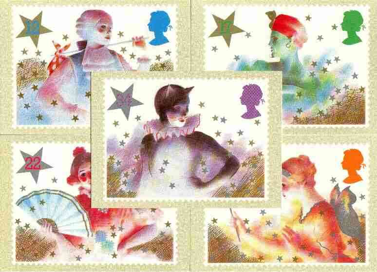 Great Britain 1985 Christmas -Pantomime Characters set of 5 PHQ cards unused and pristine, stamps on , stamps on  stamps on entertainments, stamps on theatre, stamps on christmas, stamps on cats, stamps on fans