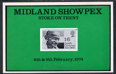 Exhibition souvenir sheet for 1974 Midland Showpex showing  Great Britain Gandhi stamp, stamps on personalities        cinderella     stamp exhibitions    gandhi