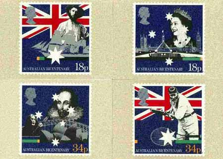 Great Britain 1988 Bicentenary of Australian Settlement set of 4 PHQ cards unused and pristine, stamps on cricket, stamps on tennis, stamps on flags, stamps on shakespeare, stamps on music, stamps on london, stamps on ships, stamps on beatles