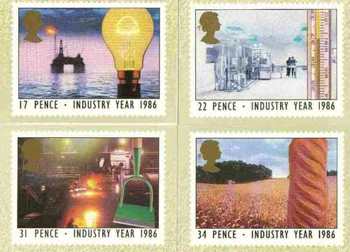 Great Britain 1986 Industry Year set of 4 PHQ cards unused and pristine, stamps on industry, stamps on  oil , stamps on agriculture, stamps on health, stamps on energy, stamps on bread, stamps on food.medical