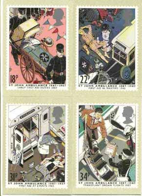 Great Britain 1987 Centenary of St John Ambulance Service set of 4 PHQ cards unused and pristine, stamps on medical, stamps on ambulance, stamps on rescue, stamps on red cross, stamps on aviation