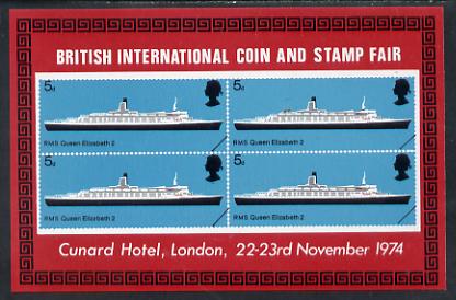 Exhibition souvenir sheet for 1974 Coin & Stamp Fair showing Great Britain Ships (RMS QE2 5d block of 4) unmounted mint, stamps on ships, stamps on cinderella, stamps on qe2, stamps on stamp exhibitions, stamps on scots, stamps on scotland