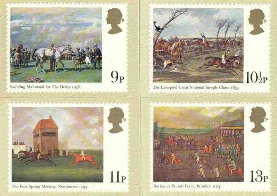 Great Britain 1979 Horseracing Paintings set of 4 PHQ cards unused and pristine, stamps on animals, stamps on horses, stamps on sport, stamps on arts, stamps on horse racing