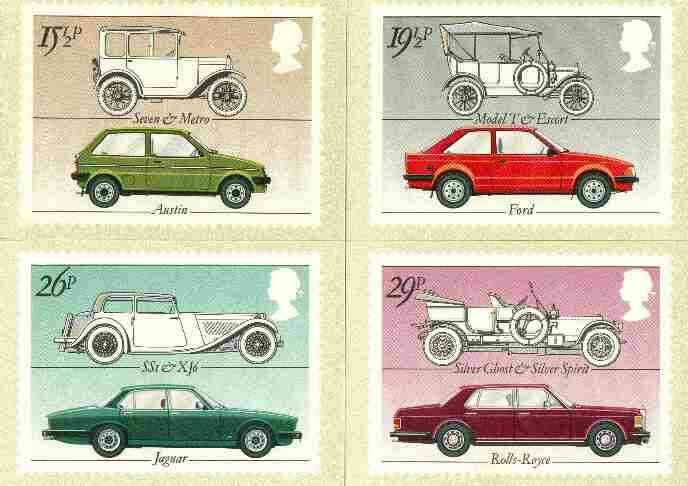 Great Britain 1982 British Motor Cars set of 4 PHQ cards unused and pristine, stamps on cars, stamps on austin, stamps on ford, stamps on jaguar, stamps on rolls royce