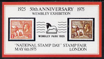 Exhibition souvenir sheet for 1975 National Stamp Day showing Great Britain Wembley pair with 'Lion' cancel, stamps on animals      cinderella     stamp exhibitions