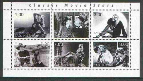 Tadjikistan 1999 Classic Movie Stars sheetlet containing set of 6 values (J Harlow, Tush, James Mason, W C Fields etc) unmounted mint, stamps on movies, stamps on films, stamps on cinema, stamps on entertainments