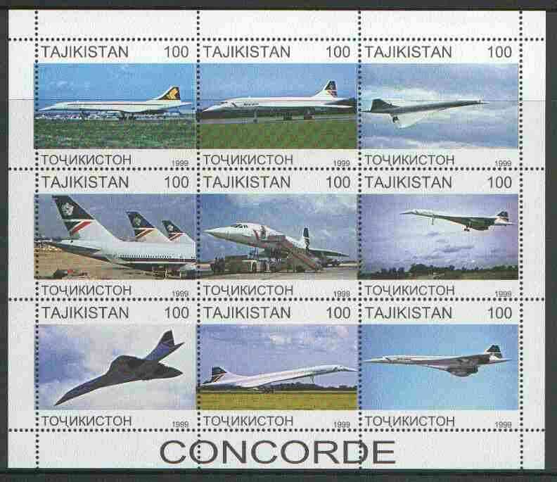 Tadjikistan 1999 Concorde perf sheetlet containing complete set of 9 values unmounted mint, stamps on aviation, stamps on concorde