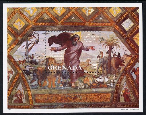 Grenada 1983 500th Anniversary of Raphael m/sheet unmounted mint SG MS 1241, stamps on arts, stamps on raphael, stamps on shells, stamps on unicorn, stamps on elephant, stamps on donkey, stamps on deer, stamps on dogs, stamps on lion, stamps on cats, stamps on renaissance