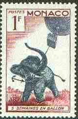 Monaco 1955 Elephant & Balloon 1c (From Jules Verne set) unmounted mint SG 529*, stamps on elephants, stamps on balloons, stamps on sci-fi, stamps on literature