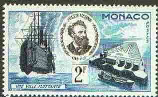 Monaco 1955 Floating Island 3c (From Jules Verne set) unmounted mint SG 530*, stamps on ships, stamps on sci-fi, stamps on literature