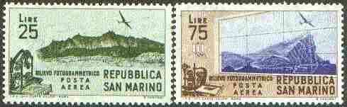 San Marino 1952 Aerial Survey set of 2 unmounted mint SG 452-53, stamps on aviation, stamps on surveying, stamps on maps