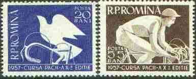 Rumania 1957 Tenth International cycle race set of 2 unmounted mint, SG 2506-06*, stamps on bicycles, stamps on birds, stamps on doves