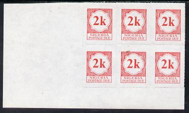 Nigeria 1987 postage due 2k red corner block of 6 rouletted 9 (SG D11a) unmounted mint, stamps on 