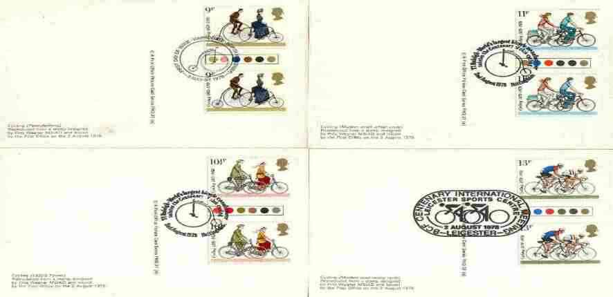 Great Britain 1978 Cycling Centenaries set of 4 PHQ cards with appropriate traffic light gutter pairs each very fine used with first day cancels, stamps on bicycles