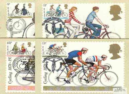 Great Britain 1978 Cycling Centenaries set of 4 PHQ cards with appropriate stamps each very fine used with first day cancels, stamps on bicycles
