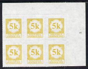 Nigeria 1987 postage due 5k yellow corner block of 6 rouletted 9 SG D13a unmounted mint, stamps on 