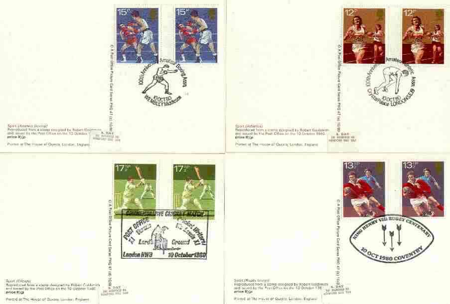 Great Britain 1980 Sport Centenaries set of 4 PHQ cards with appropriate gutter pairs each very fine used with first day cancels, stamps on sport, stamps on running, stamps on rugby, stamps on boxing, stamps on cricket