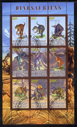 Djibouti 2010 Dinosaurs perf sheetlet containing 9 values fine cto used, stamps on dinosaurs