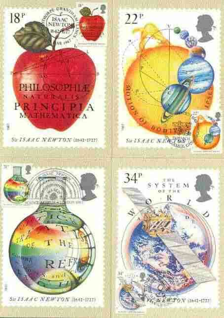 Great Britain 1987 Newtons Principles of Mathematics set of 4 PHQ cards with appropriate stamps each very fine used with first day cancels, stamps on maths, stamps on science, stamps on astronomy