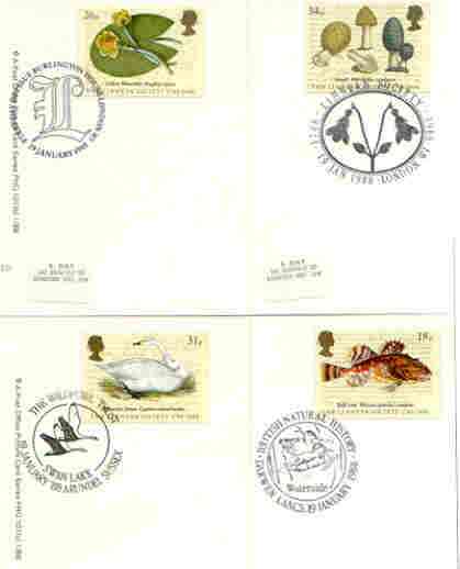 Great Britain 1988 Bicentenary of Linnean Society set of 4 PHQ cards with appropriate stamps each very fine used with first day cancels, stamps on , stamps on  stamps on fish, stamps on flowers, stamps on birds, stamps on fungi