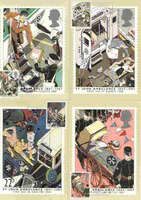 Great Britain 1987 Centenary of St John Ambulance Service set of 4 PHQ cards with appropriate stamps each very fine used with first day cancels, stamps on medical, stamps on ambulance, stamps on rescue, stamps on red cross, stamps on aviation