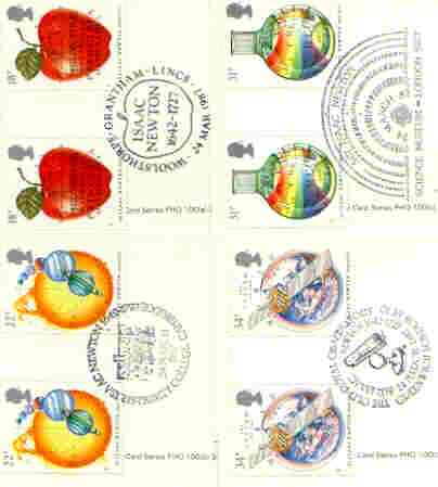 Great Britain 1987 Newtons Principles of Mathematics set of 4 PHQ cards with appropriate gutter pairs each very fine used with first day cancels, stamps on maths, stamps on science, stamps on astronomy