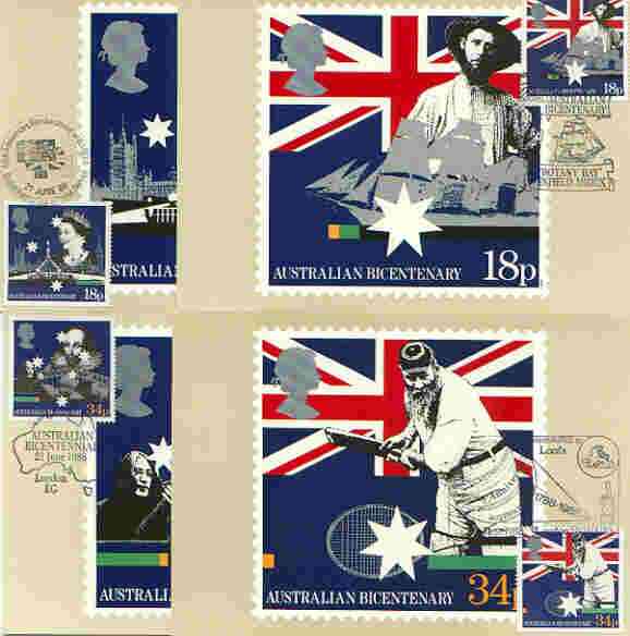 Great Britain 1988 Bicentenary of Australian Settlement set of 4 PHQ cards with appropriate stamps each very fine used with first day cancels, stamps on cricket, stamps on tennis, stamps on flags, stamps on shakespeare, stamps on music, stamps on london, stamps on ships, stamps on beatles