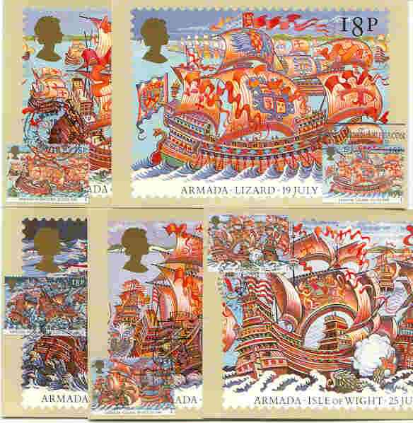 Great Britain 1988 Spanish Armada 400th Anniversary set of 5 PHQ cards with appropriate stamps each very fine used with first day cancels, stamps on ships, stamps on history, stamps on drake
