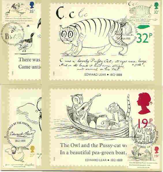 Great Britain 1988 Death Centenary of Edward Lear (Artist & Author) set of 4 PHQ cards with appropriate stamps each very fine used with first day cancels, stamps on arts, stamps on cats, stamps on literature, stamps on books, stamps on death, stamps on honey