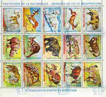 Equatorial Guinea 1974 Animals in Danger sheetlet of 15 values cto used, Mi 499-513, stamps on animals, stamps on tiger, stamps on wolf, stamps on antelope, stamps on bears, stamps on , stamps on tigers