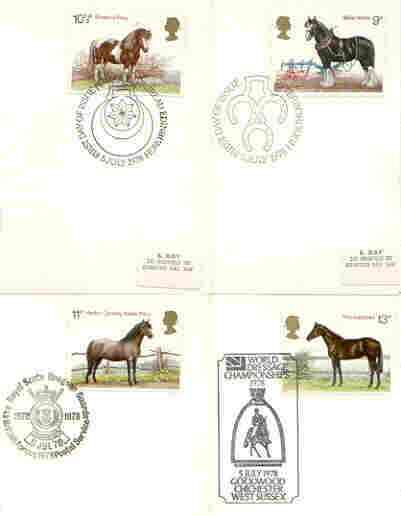 Great Britain 1978 Horses set of 4 PHQ cards with appropriate stamps each very fine used with first day cancels, stamps on horses, stamps on horse racing