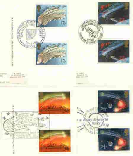 Great Britain 1986 Halley's Comet set of 4 PHQ cards with appropriate gutter pairs each very fine used with first day cancels, stamps on space, stamps on halley