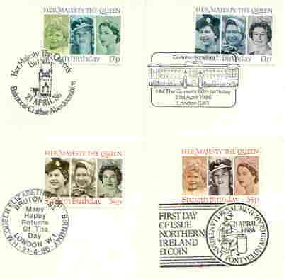 Great Britain 1986 Queen's 60th Birthday set of 4 PHQ cards with appropriate stamps each very fine used with first day cancels, stamps on royalty, stamps on 60th