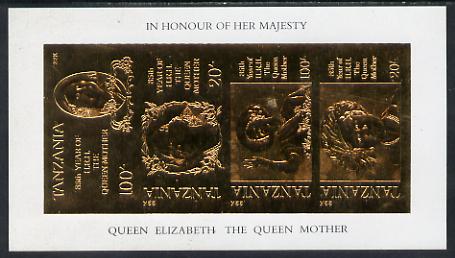 Tanzania 1985 Life & Times of HM Queen Mother imperf souvenir sheet containing the 4 values each inscribed in error 'HRH the Queen Mother' instead of 'HM Queen Elizabeth the Queen Mother', embossed in 22k gold foil unmounted mint, stamps on , stamps on  stamps on royalty     queen mother