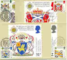 Great Britain 1987 Revival of the Order of the Thistle set of 4 PHQ cards with appropriate stamps each very fine used with first day cancels, stamps on arms, stamps on heraldry