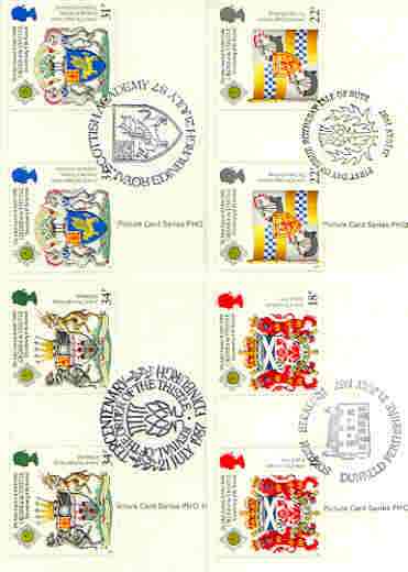 Great Britain 1987 Revival of the Order of the Thistle set of 4 PHQ cards with appropriate gutter pairs each very fine used with first day cancels, stamps on arms, stamps on heraldry