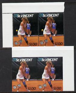 St Vincent 1987 International Tennis Players $1 (Chris Evert) unmounted mint horiz imperf pair with ball omitted nice double variety (plus normal single) SG 1060var, stamps on sport  tennis   personalities