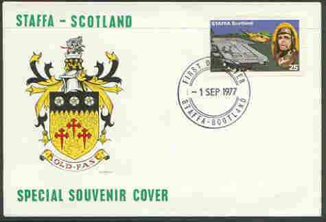 Staffa 1977 Taking Off from Aircraft Carrier 25p (from Lindbergh's Flight Anniversary set) on cover with first day cancel, stamps on aviation, stamps on flat tops, stamps on personalities, stamps on masonics, stamps on lindbergh, stamps on masonry