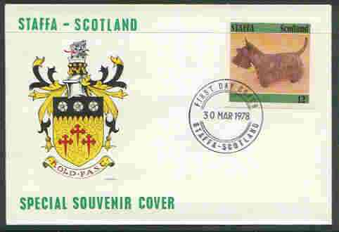 Staffa 1978 Scottish Terrier 12p from imperf Dog set of 8, on cover with first day cancel, stamps on animals, stamps on dogs, stamps on scottish terrier, stamps on scots, stamps on scotland